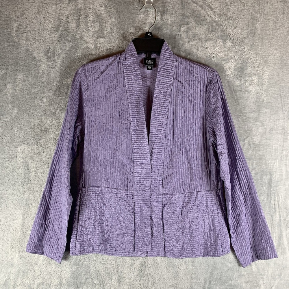 Eileen Fisher Women's Jacket Cardigan XS 100% Silk Purple Textured Long Sleeve